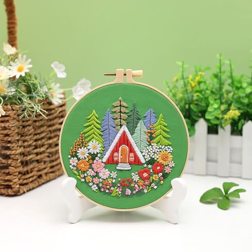 Image of Louise Maelys Garden House Embroidery Kit for Beginners Forest DIY | Bring Nature Home with Cross Stitch Kits. Complete Needlepoint Kit for Adults to Enjoy Relaxing Crafts, Gifts and Decor