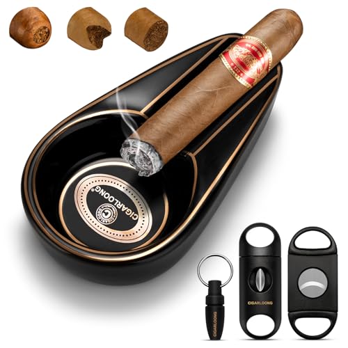CIGARLOONG Cigar Ashtray and Cigar Cutter Set Portable Ceramic Ashtray with Cigar Guillotine Cigar V-Cutter and Cigar Punch Cigar Accessories Set Gift for Men (Black)