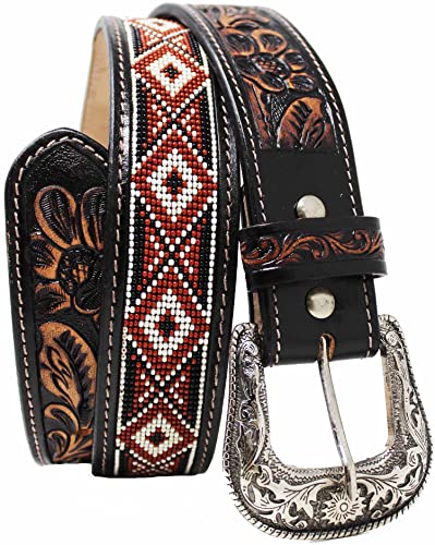 Men's Western 1-1/2" Wide Rodeo Fashion Antique Floral Tooled Multicolor Beaded Full-Grain Leather Belt 26FK322