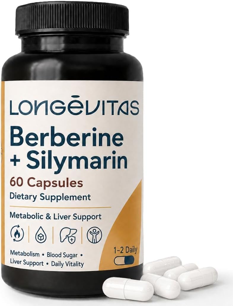 Longévitas Berberina con Silimarina, Origen Vegetal (60 Cápsulas) | 500 mg Berberis + Cardo Mariano, Control de glucosa, Función hepática, Fabricado en España, 1-2 meses