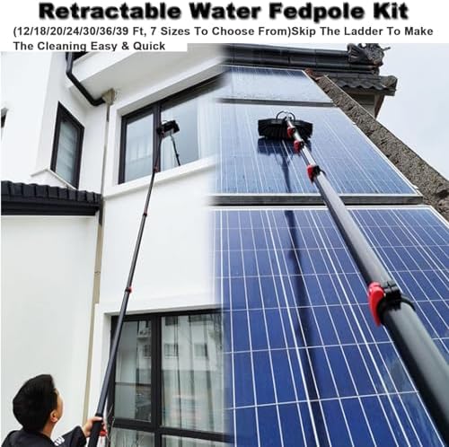Telescopic Water Fed Window Cleaning Pole & Brush Kit - 11.8FT Extendable Cleaner for Conservatory Roofs Photovoltaic Panels Trucks & Windows with Squeegee