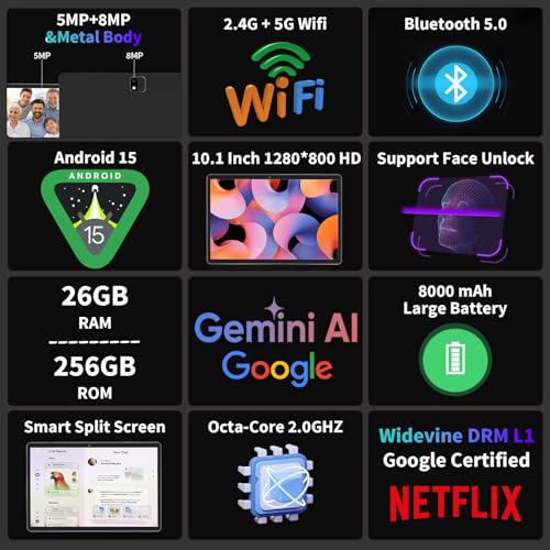 Image of 2026 Gemini AI 10 inch Tablet, Android 16 Tablet with Keyboard, 24GB+256GB+2TB Expand, Gemini AI Tablet PC with 8-Core, 5G WiFi, 8000mAh, GMS, GPS, 2-in-1 Tablet with Case, Mouse, Stylus, Black Case