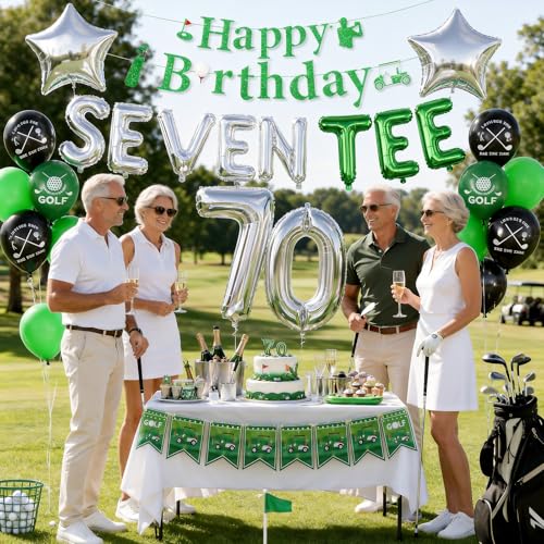Image of 70th Birthday Decorations for Men,70th Golf Themed Party Decorations Gifts for Men Him with Golf Print Balloons,70 Number Balloons,Happy Birthday Banner,SEVEN-TEE Banner,70 Foil Balloons