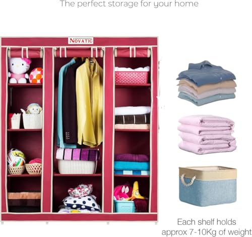 Image of Novatic 3-Door Collapsible Wardrobe | Portable Foldable Clothes Closet with 1 Hanging Space & 10 Storage Shelves | Non-Woven Fabric 100 GSM with Metal Rod Frame | 137 x 44.5 x 165 cm | Maroon