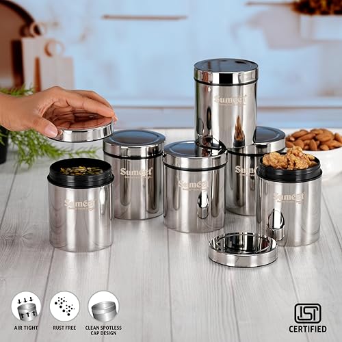 Image of Sumeet ISI Certified Stainless Steel Air Tight Storage Container /Jar /Canister /Dabba with Threading Screw Cap for Kitchen - Pack of 6Pc, 8.3cm, 450ml, Silver