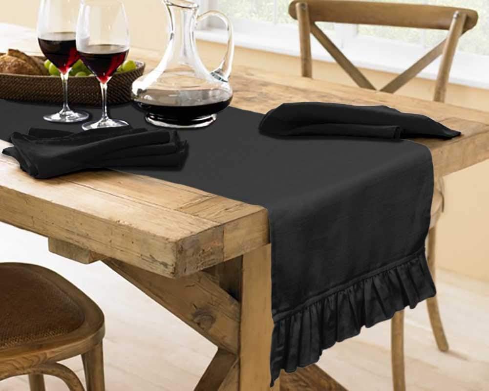Black Home Decor Cotton Slub Fabric Frill Table Runner Table Decor-14 x 108 Inch
