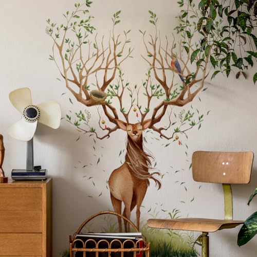 Fufuquare Fresh Nordic-Style Elk Wall Stickers Removable Deer Animal Wall Decals for Bedroom and Living Room Background Walls