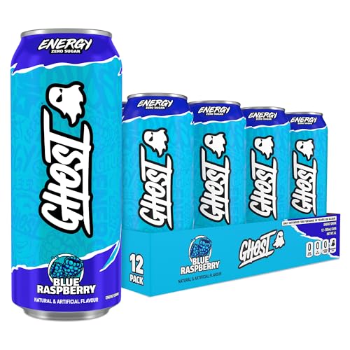 GHOST Sugar-Free Energy Drink - 12-Pack Blue Raspberry 500ml Cans - No Artificial Colours - 160mg Natural Caffeine L-Carnitine & Taurine - Gluten-Free & Vegan Fizzy Drinks