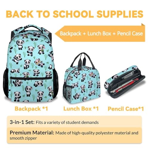 Panda Backpack with Lunch Box - Set of 3 School Backpacks Matching Combo - Funny Green Bookbag and Pencil Case Bundle3