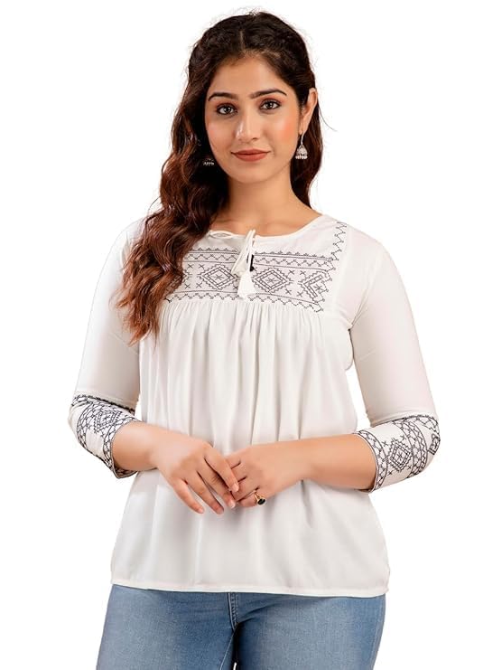Image of Avayayat Short Kurti for Women | Embroidered Straight Rayon Kurta | Round Neck Full Sleeves Short Kurti for Women's