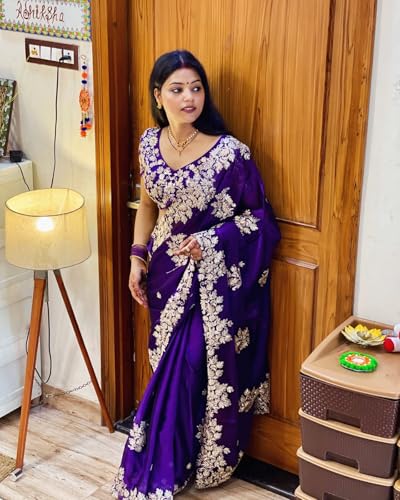 Image of Yashika Women's Organza Satin Butti Work With Zari Lace Border Embroidered Saree| Women Sari