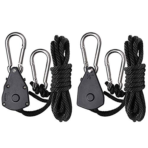 Galapara Rope Ratchet Clip Hanger 2-Pack Ratchet 1/8 Inch Adjustable Heavy Duty Tie Down Rope Carabiner Hook Clip Hanger 150lb Capacity for Plant Grow Light Luggage Strap