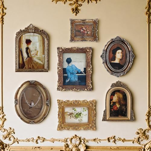 Wonderjune 7 Pcs Vintage Picture Frames Set with Glass Front Antique Gold Gallery Wall Frame for 4x6, 5x7 Baroque for Home Decor Photography Props Gifts, Wall or Tabletop(Rococo)