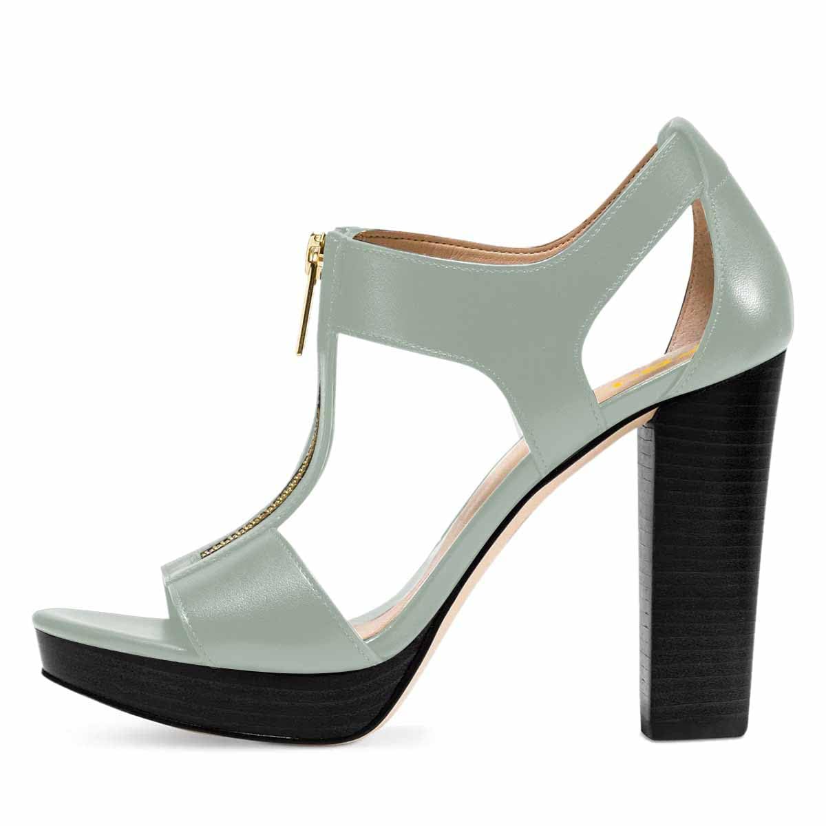 FSJ Women Peep Open Toe T-Strap Front Zipper Chunky Stacked High Heel Sandal Booties Platform Pumps Shoes Size 4-15 US: 7.5 Sage-green