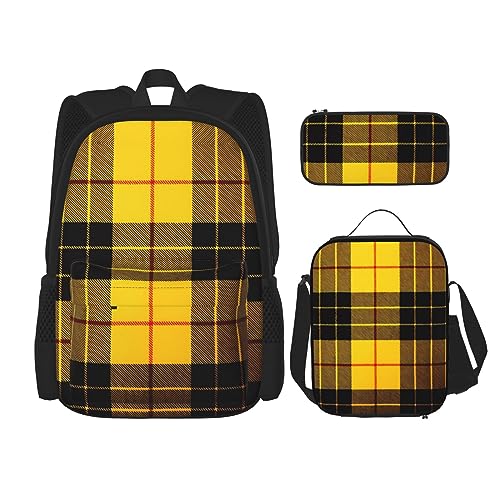Sac à dos de poche à bandoulière et sac à déjeuner à carreaux noir et jaune