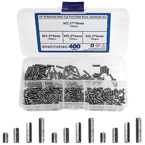 BGTXINGI 400pcs M2,5 x 4/6/8/10 mm A2–70 Edelstahl Cup Point Gewindestift Set Allen Kopf Innensechskant Schraube Sortiment Kit (DIN 916 & GB80)