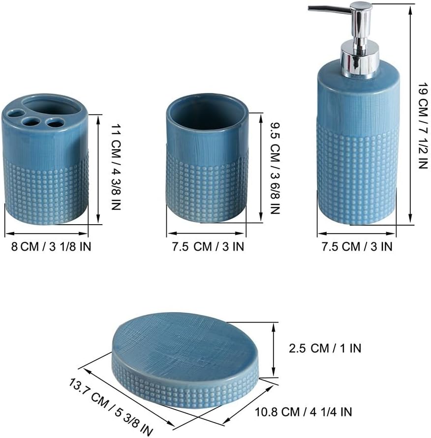 Blue Ceramic Bathroom Counter Top Accessory Set of 4, Modern Dispenser for Liquid Soap or Lotion, Soap Dish, Toothbrush Holder and Tumbler, Relief Dots Pattern