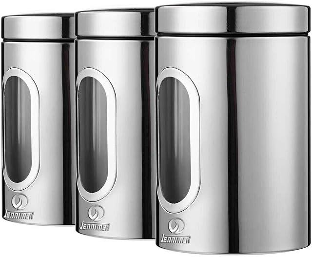 JENNIMER 3PC Kitchen Canister Sugar Food Tea Coffee Candy Storage Jars Stainless Steel with Transparent Windows(Silver)