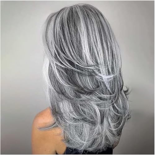 XIUFAXIRUSI XIUFAXIRUSI Long Layered Wavy Wigs for Women Synthetic Natural Hair Wig Silver Grey