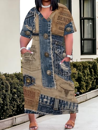 Image of SUZONANA Plus Size Denim Print Maxi Dresses for Women Casual V Neck Short Sleeve with Pockets Soft Jean Look Dress XL-6XL