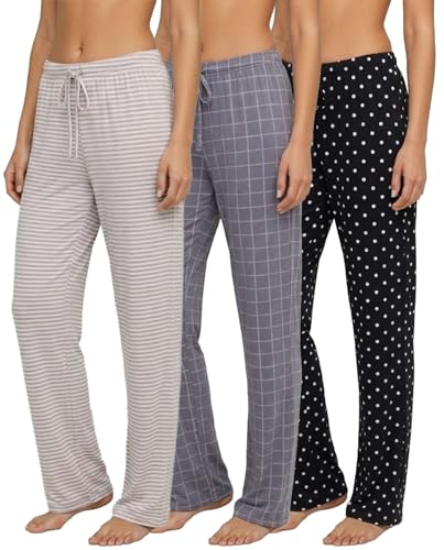 Image of 3 Pack Women's Pajama Pants Soft Lounge PJ Bottoms Comfy Sleepwear Pijamas | Available In Plus Size, Cute Sleep Pajamas, Knit, Loose Fit, Drawstring Elastic Waist, Stretch, Ladies, Night, Sleep, Casual