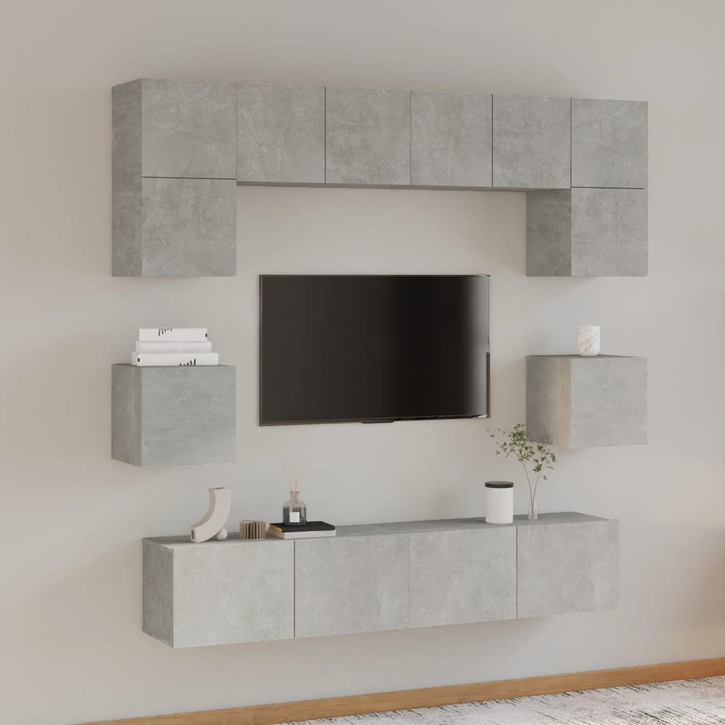 8-TLG. TV-Schrank-Set Betongrau, Holzwerkstoff, Wandmontage, Stauraum für Wohnzimmer, Media Center, modernes Design