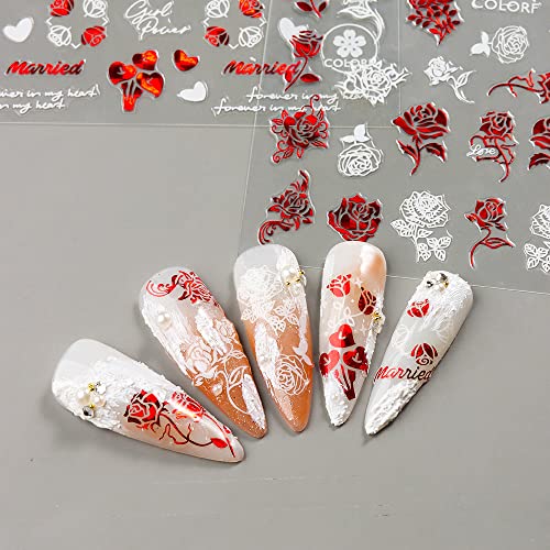 Valentine's Day Art Stickers Decals 3D Self-Adhesive Valentines Day Laser White Red Love Rose Red Lips Romantic Design Nail Supplies Accessories Decoration For Women, 8 Sheets #TOP2