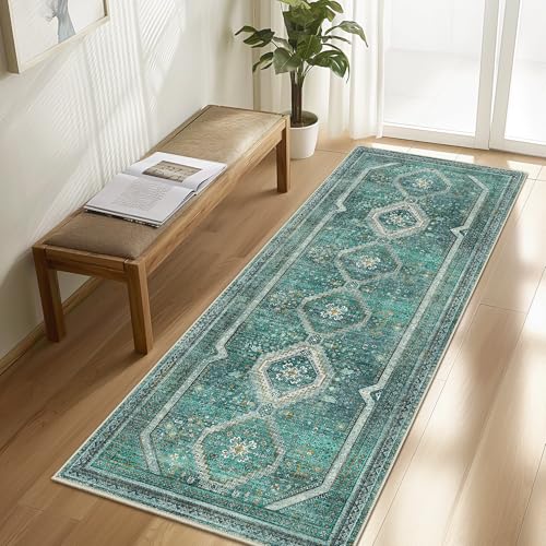 GENIMO 2x7 Non Slip Hallway Runner Rug, Machine Washable, Thin & Low Pile Lightweight for Kitchen, Laundry, Entryway, Bedroom & Living Room, Teal