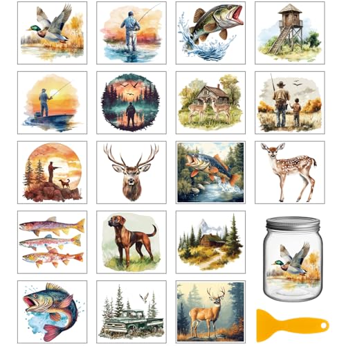 GLOBLELAND 18 Sheets Fishing Hunting Transfer Stickers 3.9x3.6inch Duck Hounds Transfer Decal Deer Bass Colorful Rub on Transfer for Furniture Vase Glass Art Crafts Decorations