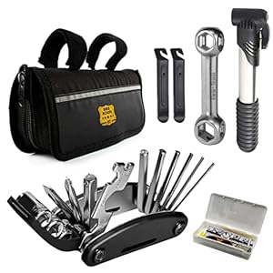 Bike route 67 Bike Tire Repair Tool Kit Bag & Portapatchble Bicycle Pump – Multi-Functional Cycling Tools Set – Bicycle Self Adhesive Tube Patch Kit for Road, Mountain Bike and BMX