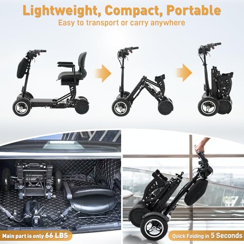 All-Terrain 4-Wheel Foldable Electric Scooter Lightweight Folding Mobility Scooter for Adults & Seniors, 25Miles Long Range, 15.6AH Lithium Battery, 3-Speed Mode, Max Load 300lbs (Standard Black)