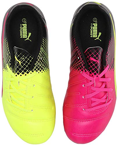 Puma Unisex-Child Evopower 4.3 Firm Ground Soccer Shoe, Pink Glo/Safety Yellow, 4 B US Big Kid4