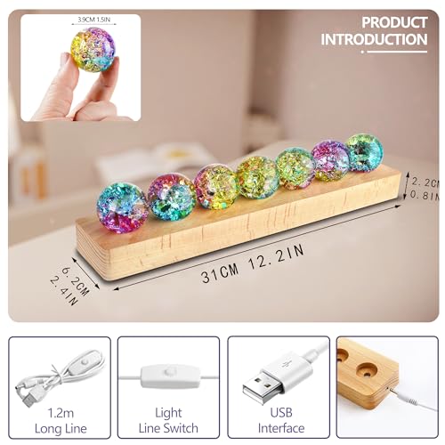 Set of 7 Crystal Balls Night Light Decor Healing Spheres with LED Wooden Stand for Meditation Energy Balancing Home Office Decoration for Women/Mom