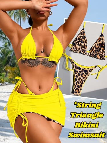 Image of ShawGobow Womens 3 Piece Leopard Bikini Set,Triangle String High Cut Thong Sexy Swimsuit & Coverup Skirt,Pool Party Outfit