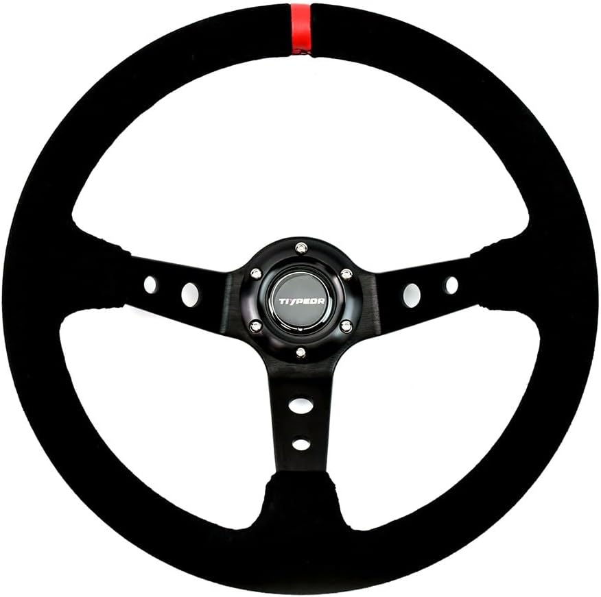 Reinforced Steering Wheel 13.78 Inch/350MM Sport Steering Wheel (3.5" Deep) - Black Suede, Red Center Mark with Red Stitching