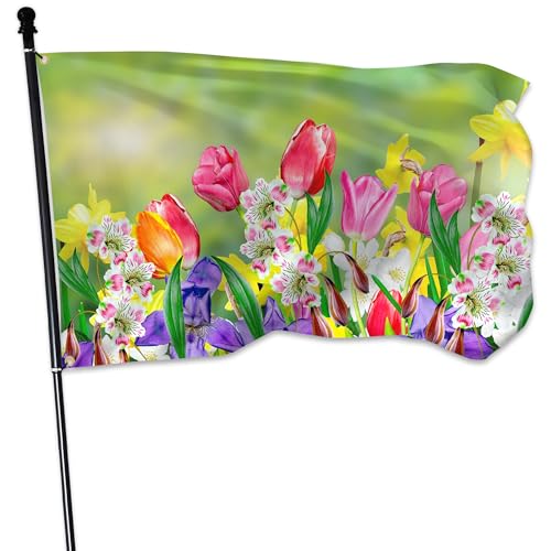 Spring Summer Flowers Flag 3x5 Ft Daffodils and Tulips Flag Polyester Double Sided for Outside House Indoor Welcome Seasonal Yard Banner Decoration