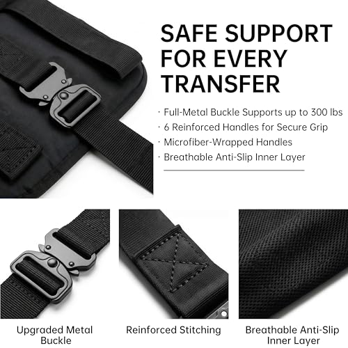Image of Transfer Sling, Upgraded with Metal Buckle, 6 Reinforced Straps with Hand Grips, Lift & Standing Aid for Caregivers, Elderly & Disabled, Transfer Belt for Home Use (Black, Large)
