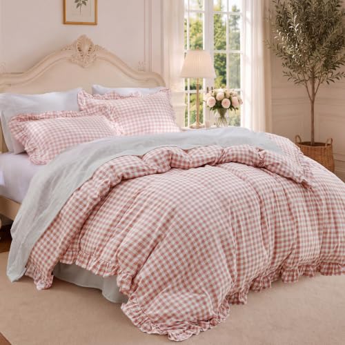 Image of Bedsure Gingham Ruffle Duvet Cover Set, Full, Cotton-Like Quilt Cover, Pink