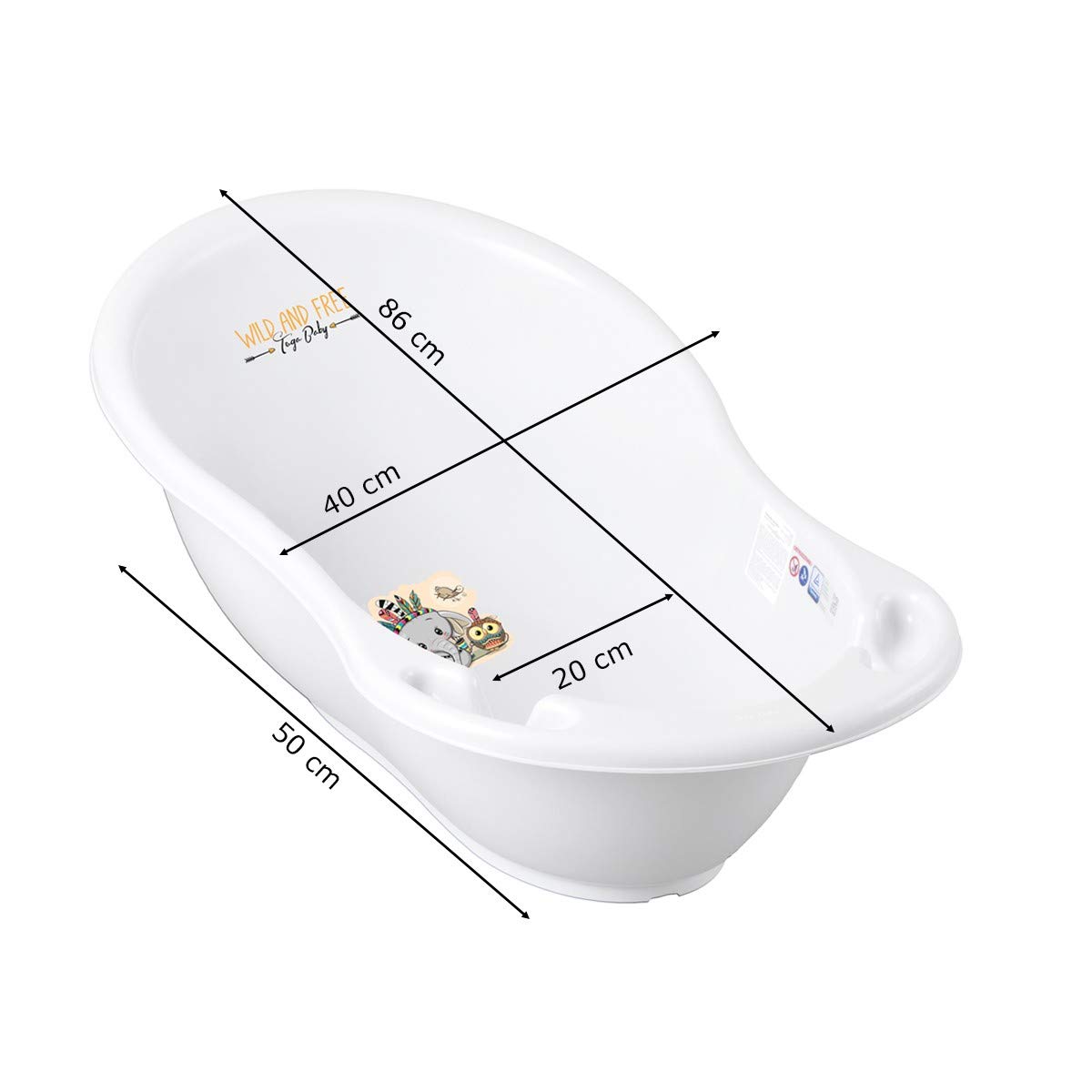 Bañera para bebé con termómetro de elefante, 86 cm, incluye pie y manguera, color blanco