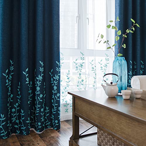 Melodieux Flower Embroidery Linen Textured Curtains for Living Room Bedroom Blackout Grommet Window Drape, Navy/Blue - Image 2