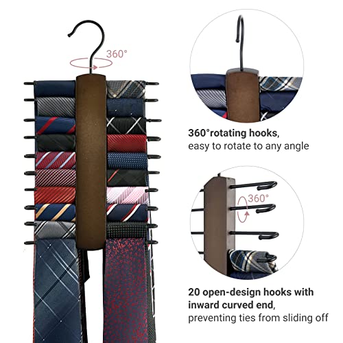 Mkono Wooden Tie Rack Retro Tie Belt Storage Hanger Organizer For Men Closet Space Saving Rack With 20 Non-Slip Hooks For Ties Belt Scarf Organize 360 Rotate Hanger Tie Display Holder, 1 Piece, Brown #TOP2