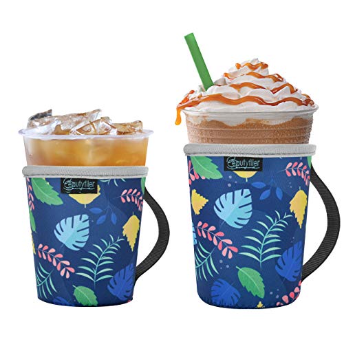 Beautyflier Pack of 2 Reusable Iced Coffee Cup Insulator Sleeve with Handle for Cold Beverages, 16-22oz Neoprene Holder for Starbucks Coffee, Dunkin Donuts (Pattern3)