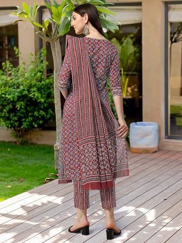 Image of MIRCHI FASHION Pure Cotton Women Straight Embellished Ajrakh Print Kurti Set with Dupatta and Pant