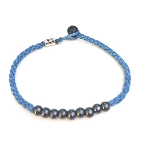 Miniatura 2 de Anklet with Beaded Hematite Stones for Men and Women in Blue - Handmade Woven Knot Braided Rope Surfer Beach Jewelry by Rumi Sumaq