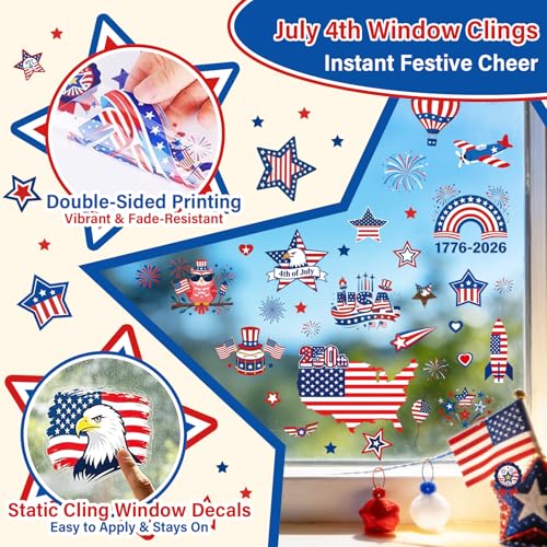 Image of 9 Sheets 4th of July Window Clings, Patriotic Red White and Blue Window Stickers with USA Flag, Eagle, Reusable Static Decals for 250th Anniversary Independence Day, Memorial Day