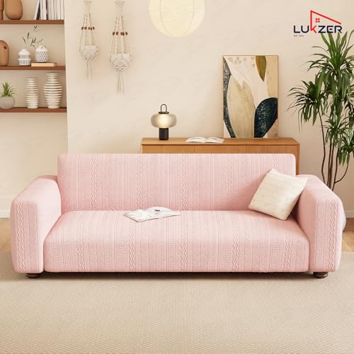 Image of Lukzer 2 Seater Pastel Pink Zigzag Pattern Sofa Cover | 240 GSM Universal Stretch Fit Jacquard Fabric Couch Protector | Fully Covered Anti Slip & Washable Sofa Cover (140-180cm /SC-078-02)