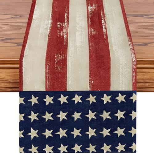 Artscope American Flag Stars 4th of July Table Runner, Patriotic Stripes Memorial Day Kitchen Dining Table Decoration for Independence Day Home Decor 13x72 Inch