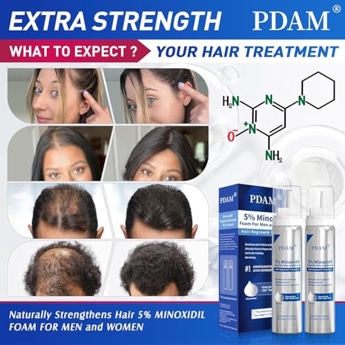 Image of PDAM 5% Minoxidil for Men and Women Foam - Clinically Proven to Regrow Thinning Hair, Topical Hair Loss Treatment, Maximum Strength Foam for Thicker & Fuller Hair, 2 Month Supply (2 x 2.11 oz)