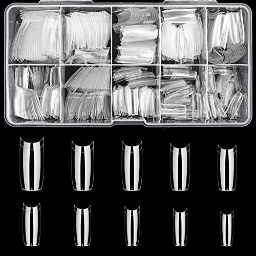 UooEssy 500PCS French Clear Nail Tips, Coffin Fake Nails including 10 Sizes Half Cover Natural Acrylic nails, False Nails with Plastic Box for DIY Nail Art