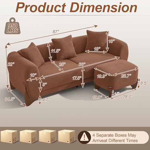 Image of 87 inch Sherpa Boucle Cloud Couch with Ottoman, Modern 3 Seater Sofa with Solid Wood Legs 25 inch Extra Deep Seat Comfy Thick Cushion Upholstered Sofa Couches with 3 Pillows for Living Room, Caramel